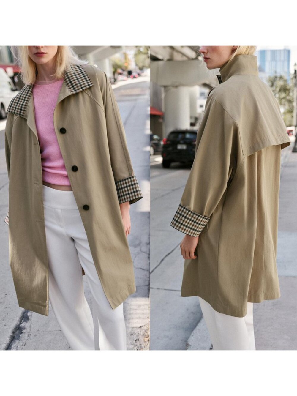 NEW ZARA oversized plaid cuff trench coat 8073 size L